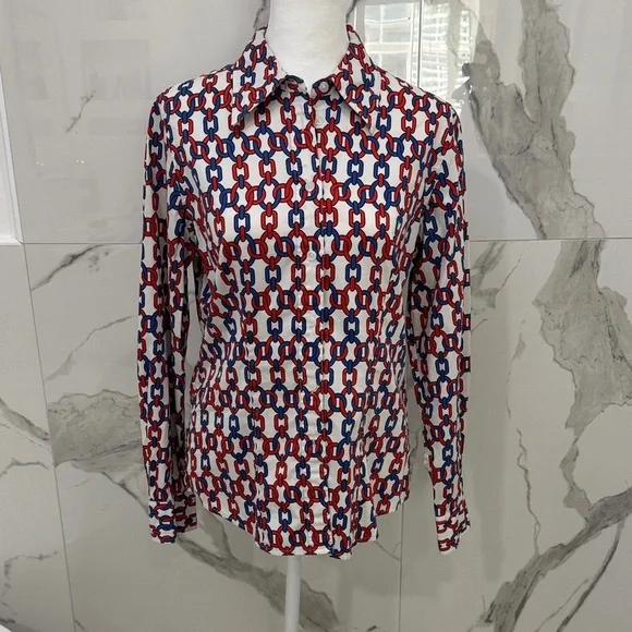 Jones New York Red Blue Geometric Chain Link Button Down Shirt Size S - Picture 1 of 8